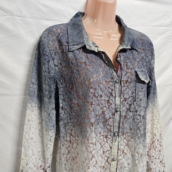 Aratta Silent Journey Button Up Lace Top Blouse Shirt Women Size M Ombre Cotton - Picture 2 of 16